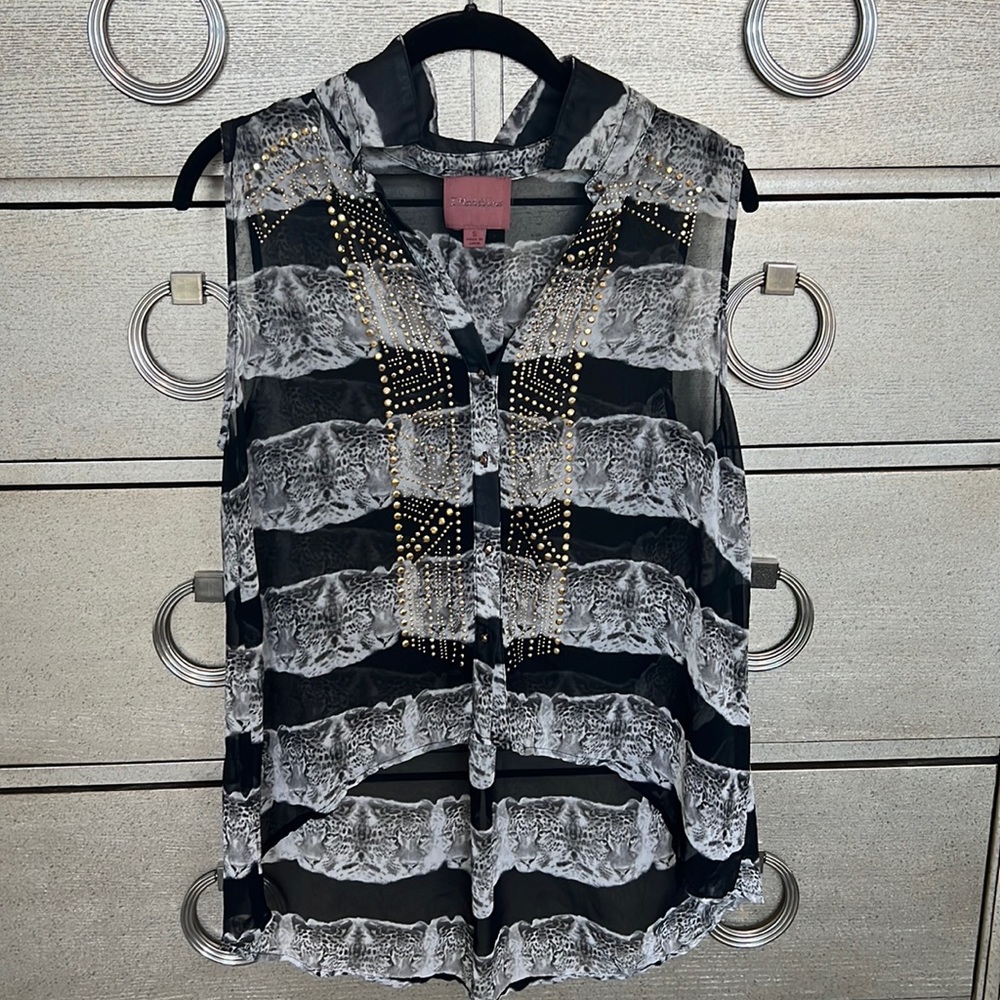 Black and gray/leopard face tribal flowy tank with gold beading button up